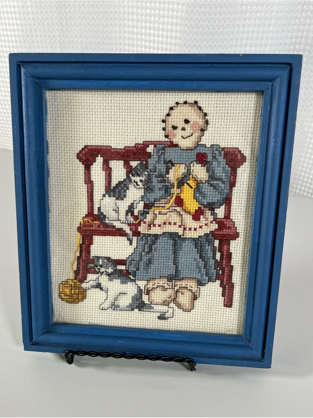Vintage 1980’s style framed counted cross stitch “The Knitter”